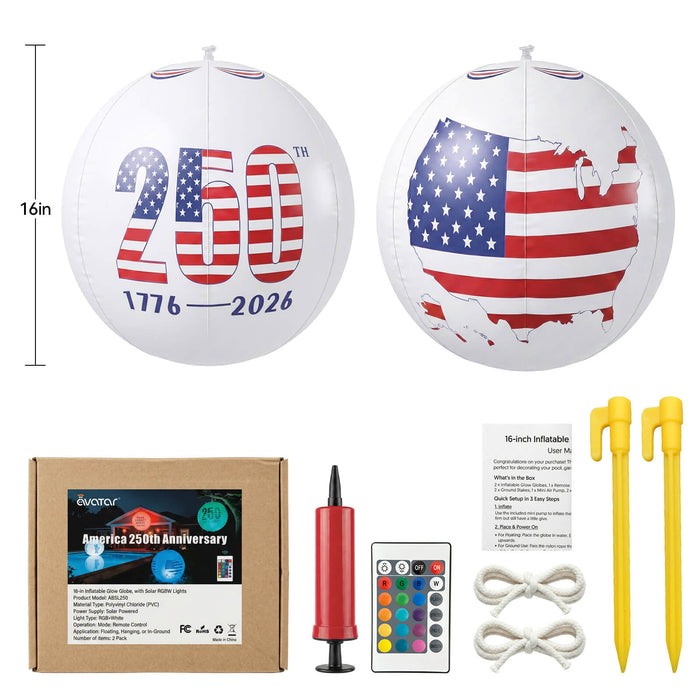 America 250th Anniversary 16 inch Inflatable Glow Globe Solar RGBW Lights 2-Pack