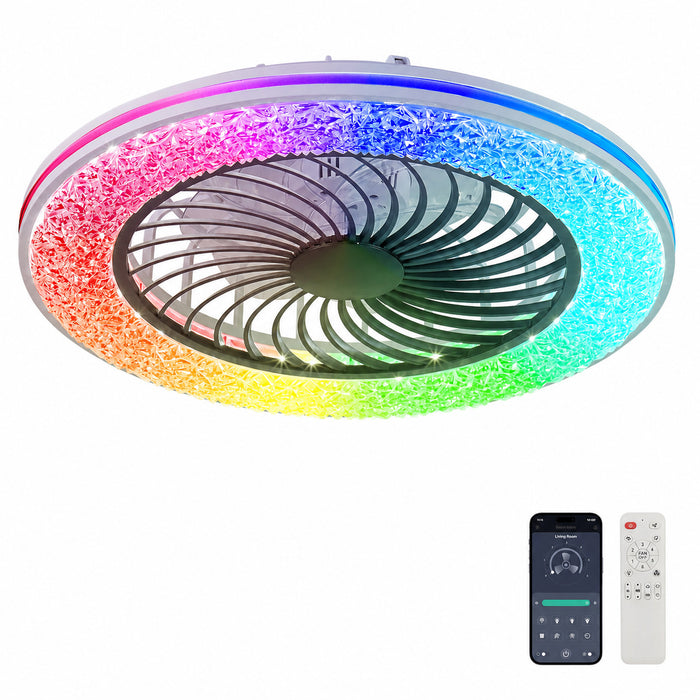 A round RGB ceiling fan light with a colorful rainbow LED ring, shown against a white background with a smartphone app screen and a white remote control below.