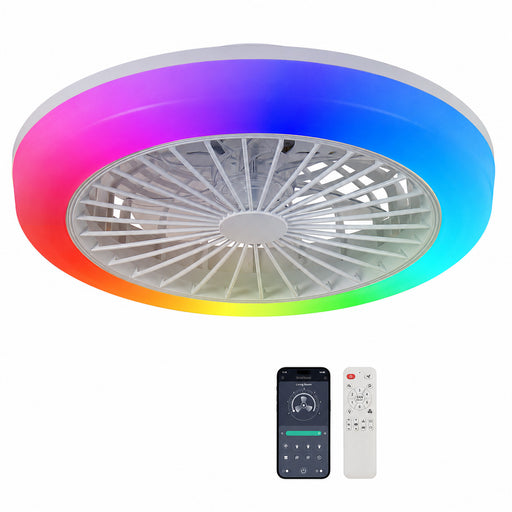 A round RGB ceiling fan light with a white plastic frame and a glowing multicolor LED ring, shown against a white background with a smartphone app control screen and a white remote control below.