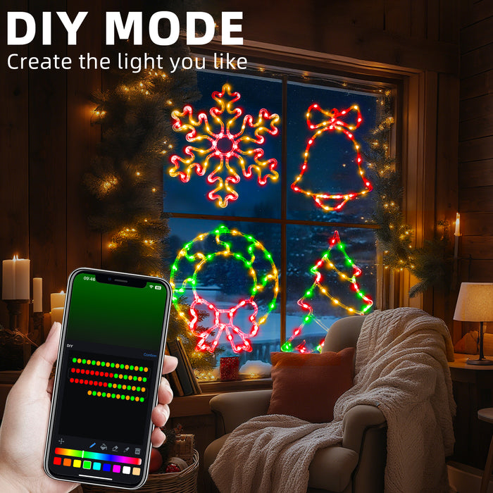 Christmas Window Lights Snowflake + Bell + Wreath + Tree (Set of 4)