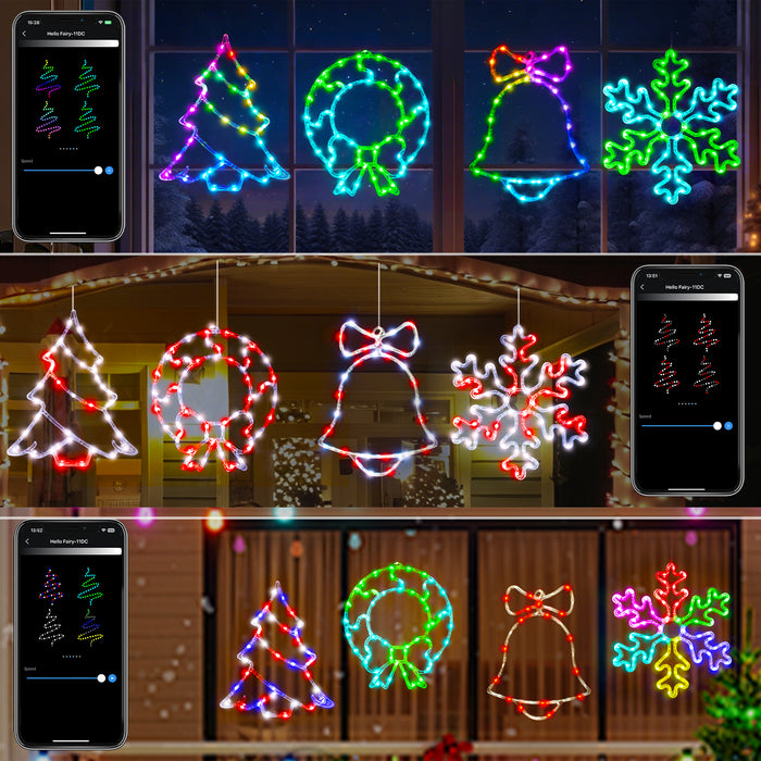 Christmas Window Lights Snowflake + Bell + Wreath + Tree (Set of 4)