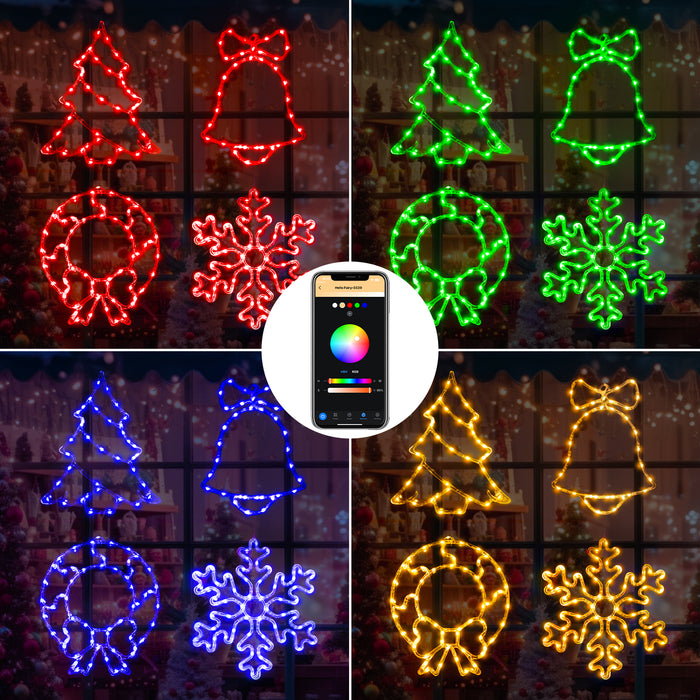 Christmas Window Lights Snowflake + Bell + Wreath + Tree (Set of 4)
