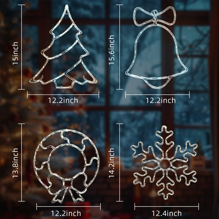 Christmas Window Lights Snowflake + Bell + Wreath + Tree (Set of 4)