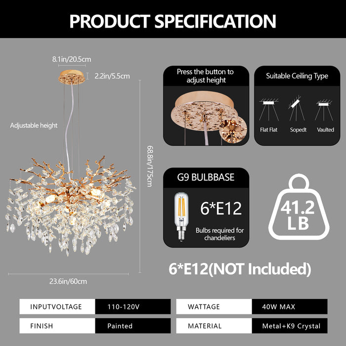 G9 Crystal Chandelier, 6-Light Gold Branch Chandelier with K9 Crystals Modern Luxury Chandelier (Bulbs Not Included)