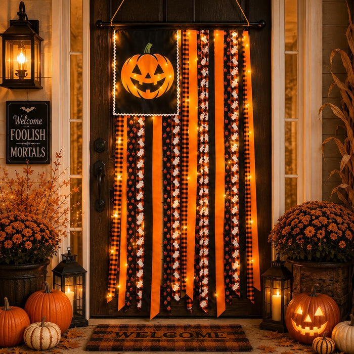 Lighted Halloween Rag Flag Banner Pumpkin Rag Ribbon Wall Hanging 4x2.3Ft