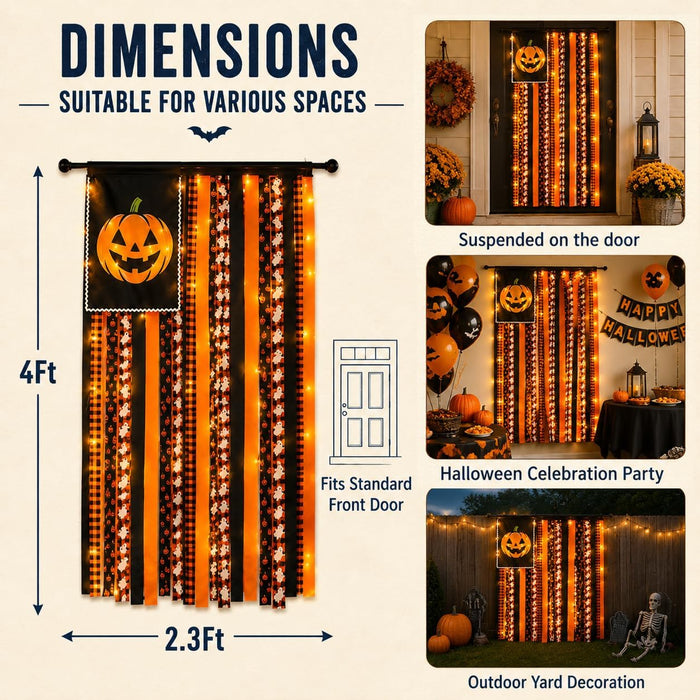 Lighted Halloween Rag Flag Banner Pumpkin Rag Ribbon Wall Hanging 4x2.3Ft
