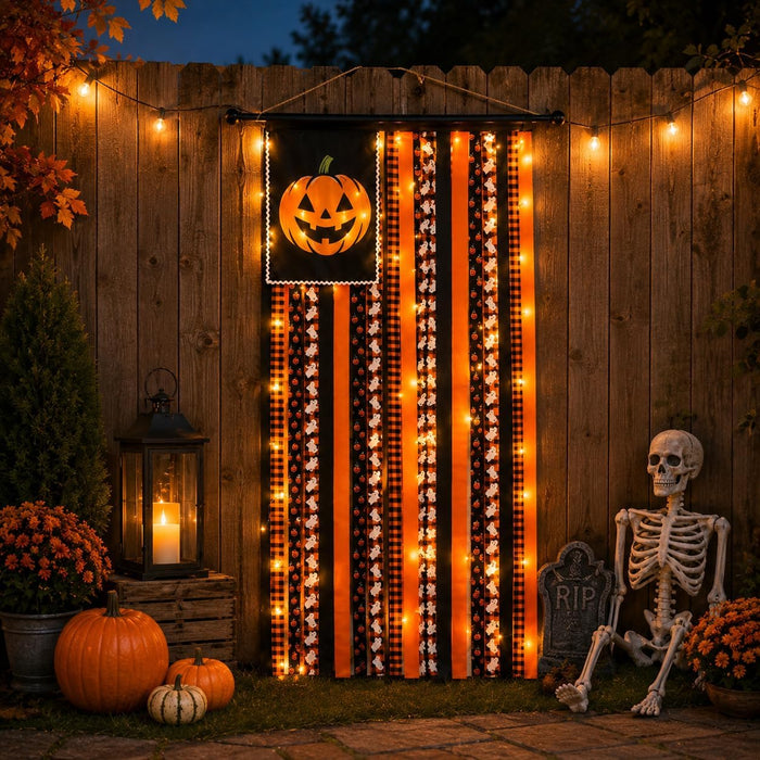 Lighted Halloween Rag Flag Banner Pumpkin Rag Ribbon Wall Hanging 4x2.3Ft