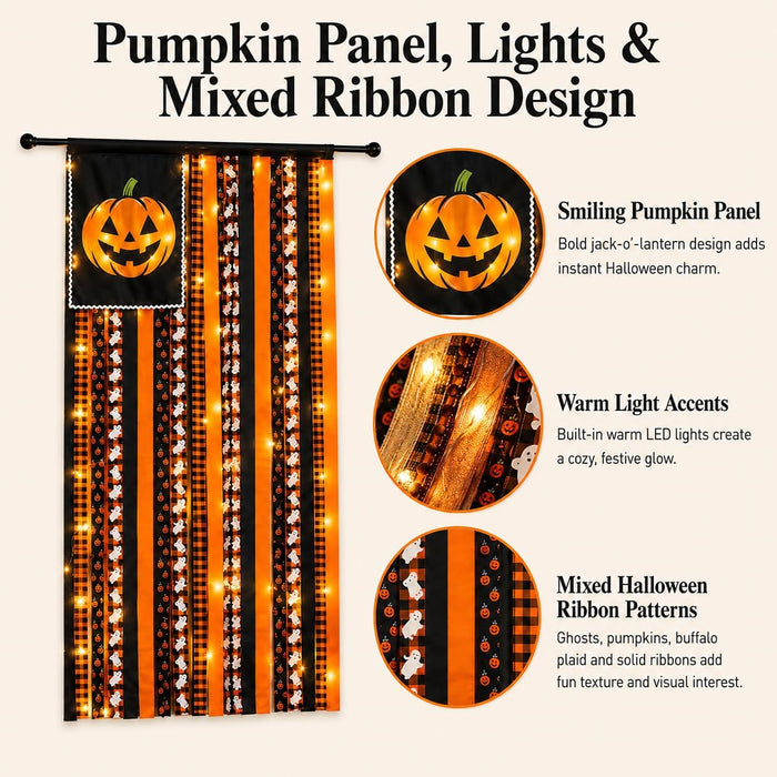 Lighted Halloween Rag Flag Banner Pumpkin Rag Ribbon Wall Hanging 4x2.3Ft