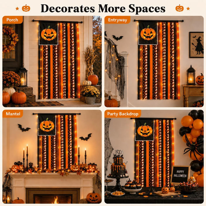 Lighted Halloween Rag Flag Banner Pumpkin Rag Ribbon Wall Hanging 4x2.3Ft