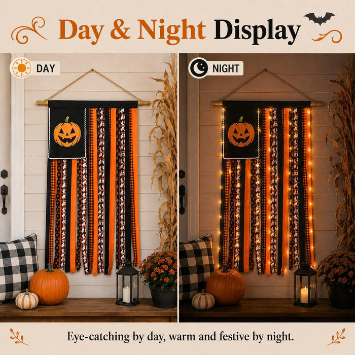 Lighted Halloween Rag Flag Banner Pumpkin Rag Ribbon Wall Hanging 4x2.3Ft