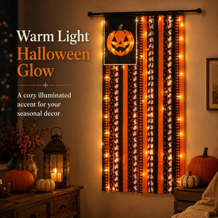 Lighted Halloween Rag Flag Banner Pumpkin Rag Ribbon Wall Hanging 4x2.3Ft
