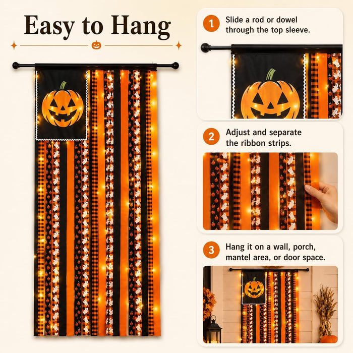 Lighted Halloween Rag Flag Banner Pumpkin Rag Ribbon Wall Hanging 4x2.3Ft