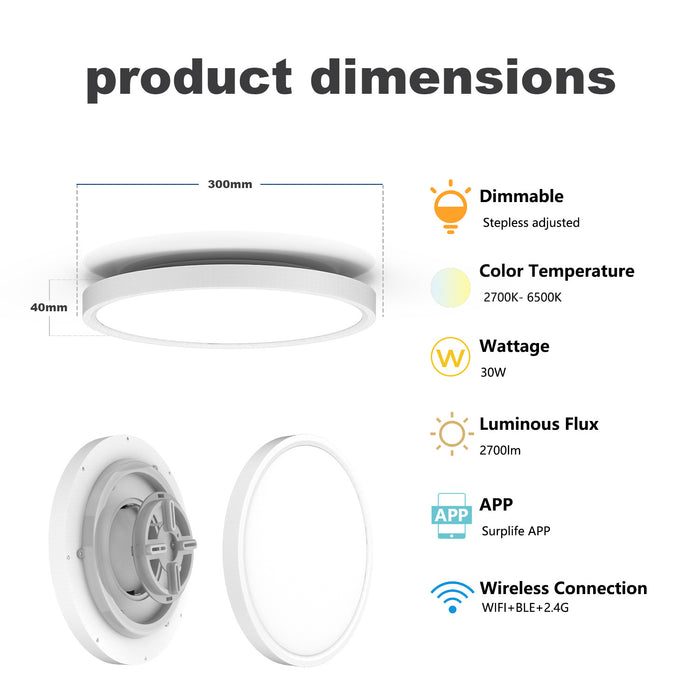 Dimmable RGB Smart Wi-Fi Ceiling Light - 30W 12inch