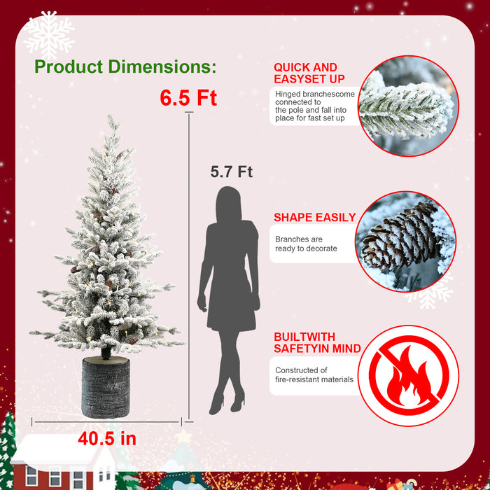 2/3/4.5/6.5-ft Pre-lit Potted Snow Flocked Christmas Tree with Warm White LED Lights