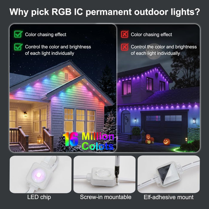 Smart Permanent Outdoor Lights DIY Color-Changing String Lights for Eaves Xmas Halloween and Party Decor