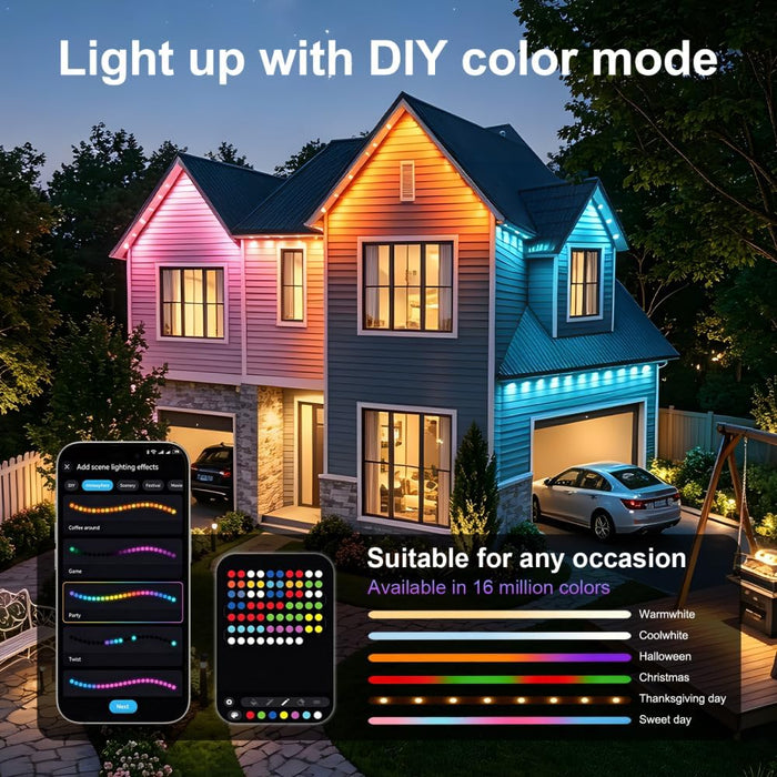 Smart Permanent Outdoor Lights DIY Color-Changing String Lights for Eaves Xmas Halloween and Party Decor