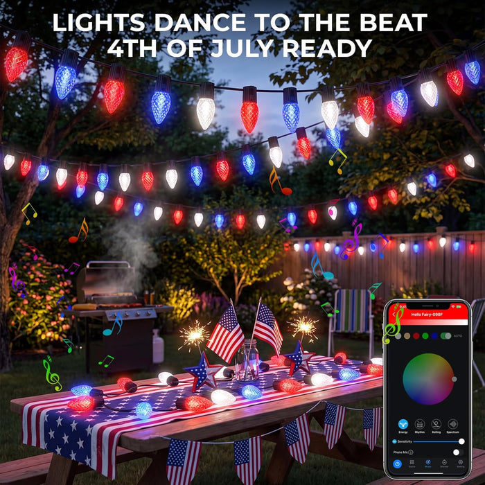 4th of July Decor Dynamic C7/C9 Strawberry Faceted Smart String Lights with Programmable RGB LED Lights App-Controlled