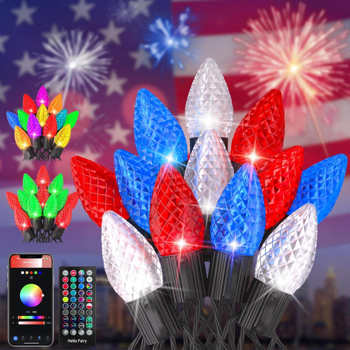 4th of July Decor Dynamic C7/C9 Strawberry Faceted Smart String Lights with Programmable RGB LED Lights App-Controlled