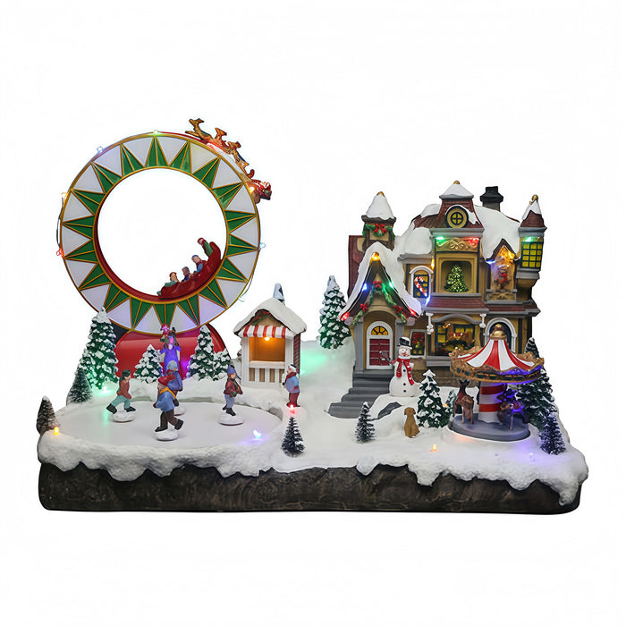 Christmas resin craft ornaments LED playground with double-decker roller coaster, carousel, 4-person skating function