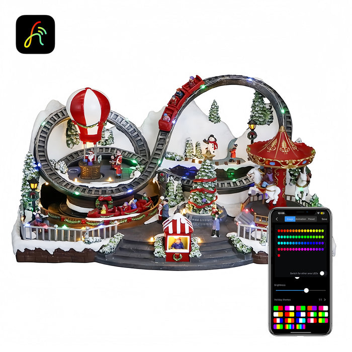 Christmas resin craft ornaments Christmas playground with LED lights, carousel, hot air balloon, roller coaster and Christmas tree spinning features