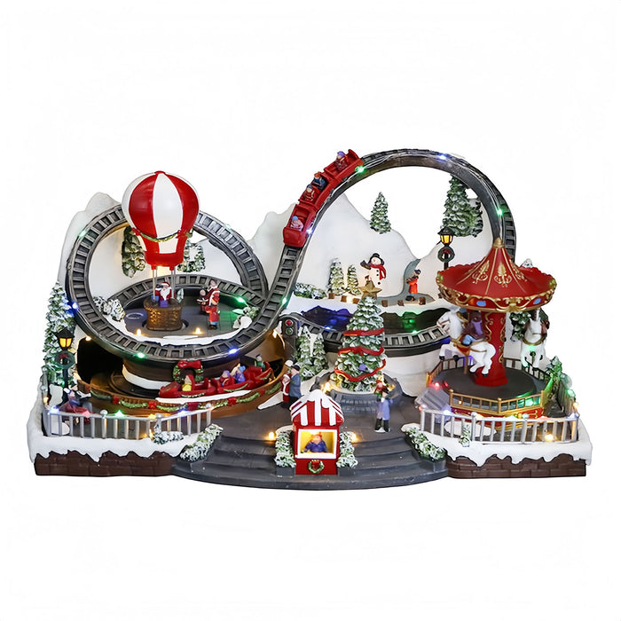 Christmas resin craft ornaments Christmas playground with LED lights, carousel, hot air balloon, roller coaster and Christmas tree spinning features