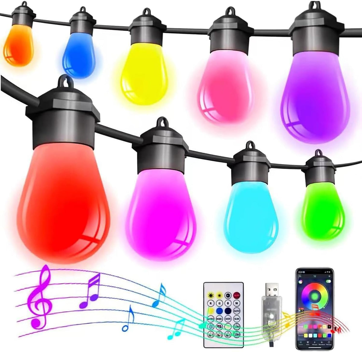 49FT Smart Outdoor String Lights Waterproof with 20 Dimmable RGB LED ...