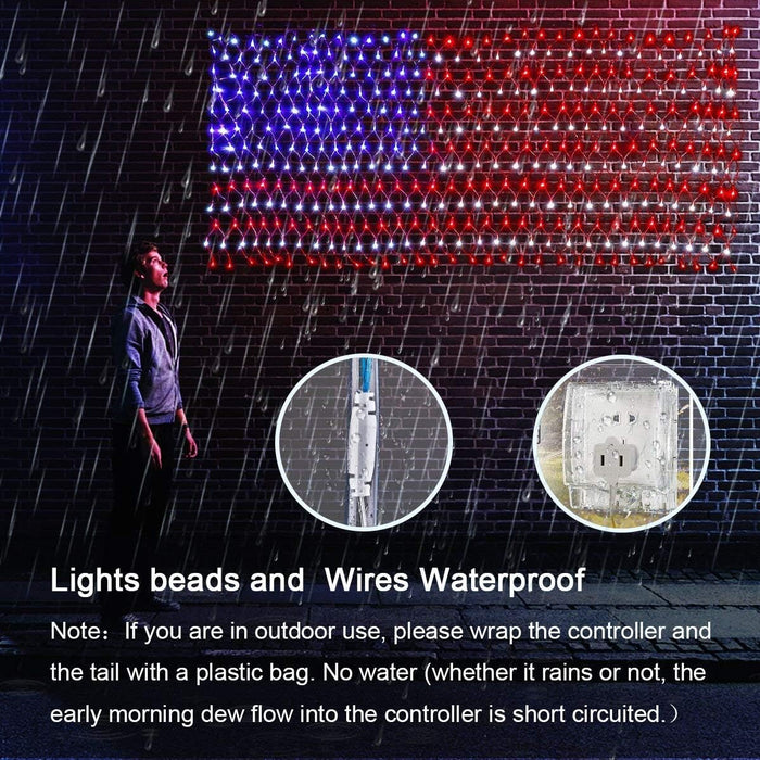 American Flag Net Hanging Lights 420 Super Bright LED Option Plug-in or Solar Powered