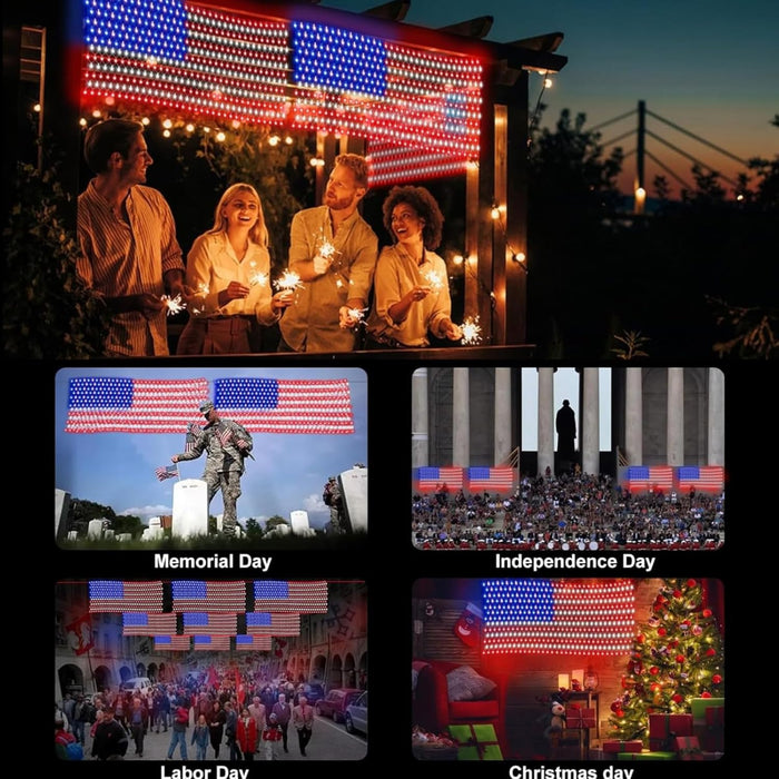 American Flag Net Hanging Lights 420 Super Bright LED Option Plug-in or Solar Powered