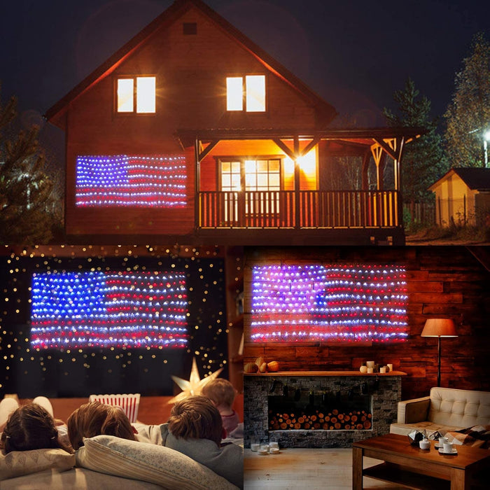 American Flag Net Hanging Lights 420 Super Bright LED Option Plug-in or Solar Powered