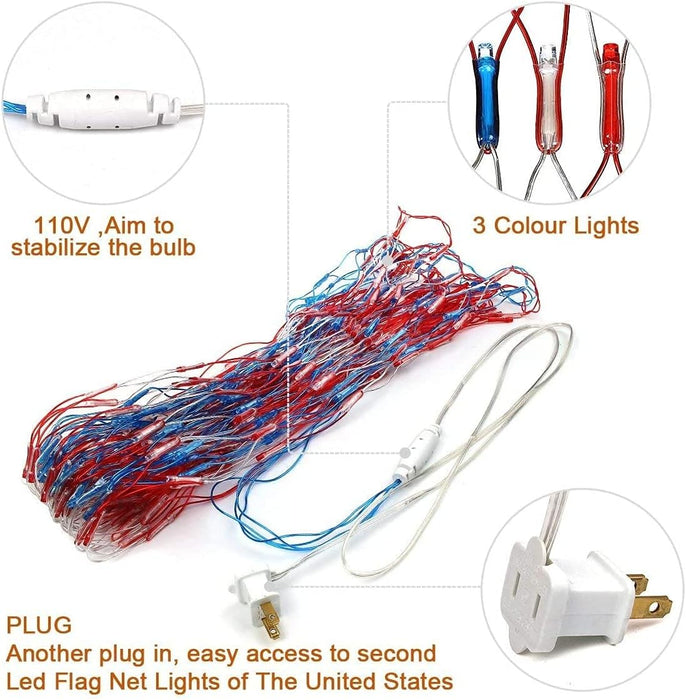 American Flag Net Hanging Lights 420 Super Bright LED Option Plug-in or Solar Powered