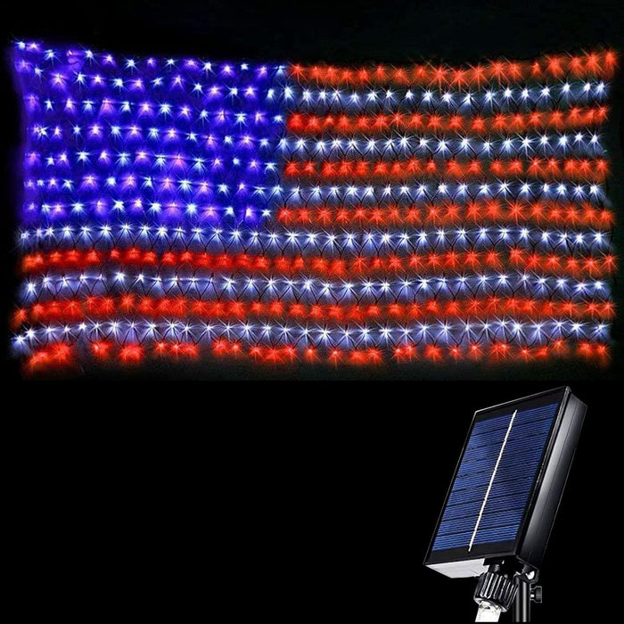 American Flag Net Hanging Lights 420 Super Bright LED Option Plug-in or Solar Powered
