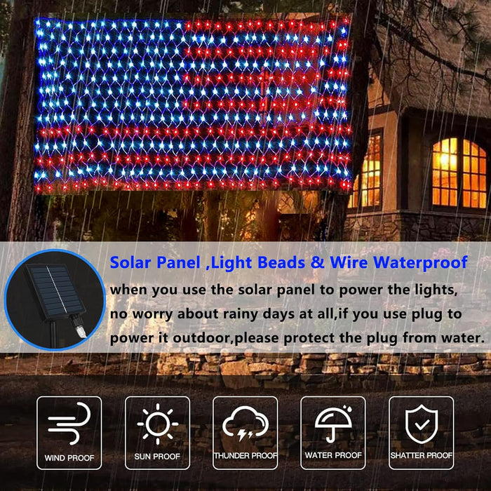 American Flag Net Hanging Lights 420 Super Bright LED Option Plug-in or Solar Powered