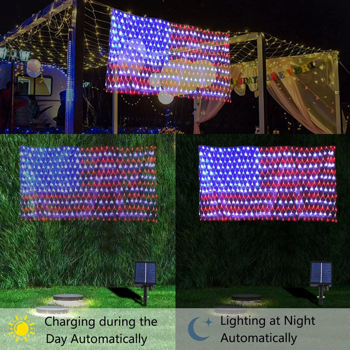 American Flag Net Hanging Lights 420 Super Bright LED Option Plug-in or Solar Powered