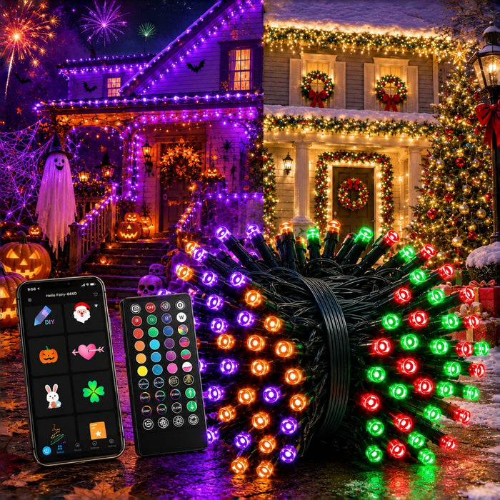 Smart String Lights RGB Color Changing Fairy Lights with APP & Remote Control Music Sync Timer Dimmable IP65 Waterproof Plug-in Lights for Indoor Outdoor Halloween christmas Party Yard