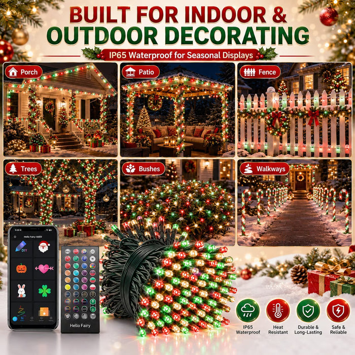 Smart String Lights RGB Color Changing Fairy Lights with APP & Remote Control Music Sync Timer Dimmable IP65 Waterproof Plug-in Lights for Indoor Outdoor Halloween christmas Party Yard