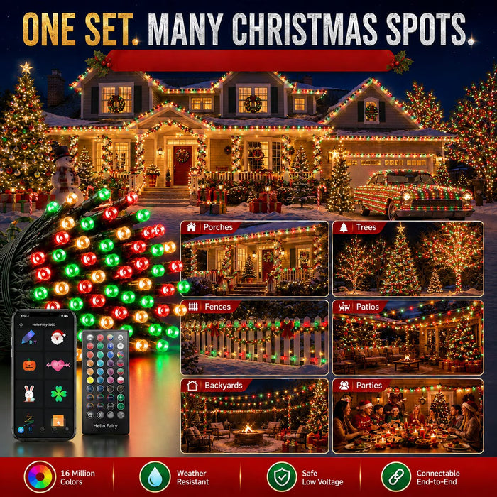 Smart String Lights RGB Color Changing Fairy Lights with APP & Remote Control Music Sync Timer Dimmable IP65 Waterproof Plug-in Lights for Indoor Outdoor Halloween christmas Party Yard