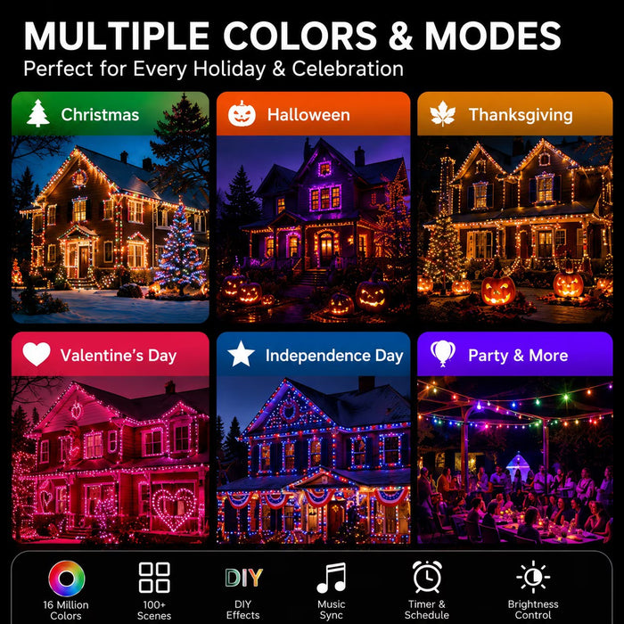 Smart String Lights RGB Color Changing Fairy Lights with APP & Remote Control Music Sync Timer Dimmable IP65 Waterproof Plug-in Lights for Indoor Outdoor Halloween christmas Party Yard