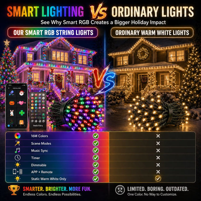 Smart String Lights RGB Color Changing Fairy Lights with APP & Remote Control Music Sync Timer Dimmable IP65 Waterproof Plug-in Lights for Indoor Outdoor Halloween christmas Party Yard