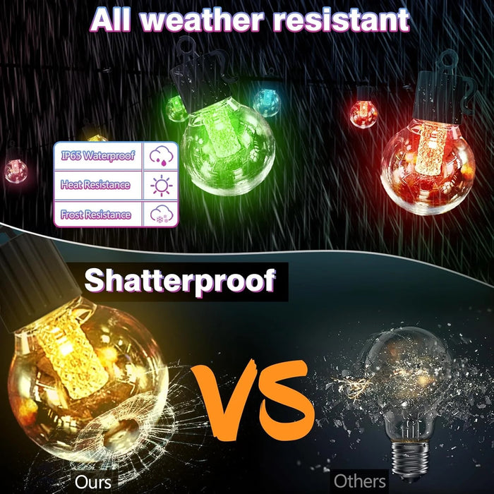 Outdoor G40 Solar String Lights Patio Lights with RGB Warm White 50ft 30Bulbs 8 Light Modes