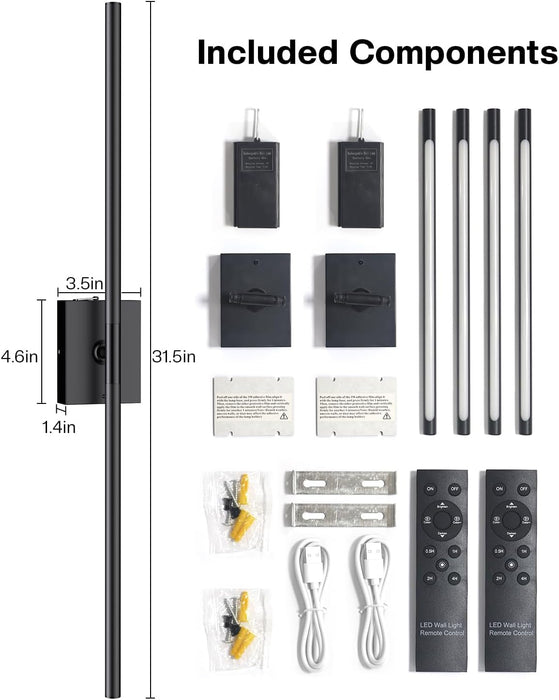 31.5" Wall Sconces Lights with Rechargeable Battery 360° Rotation 2-Pack
