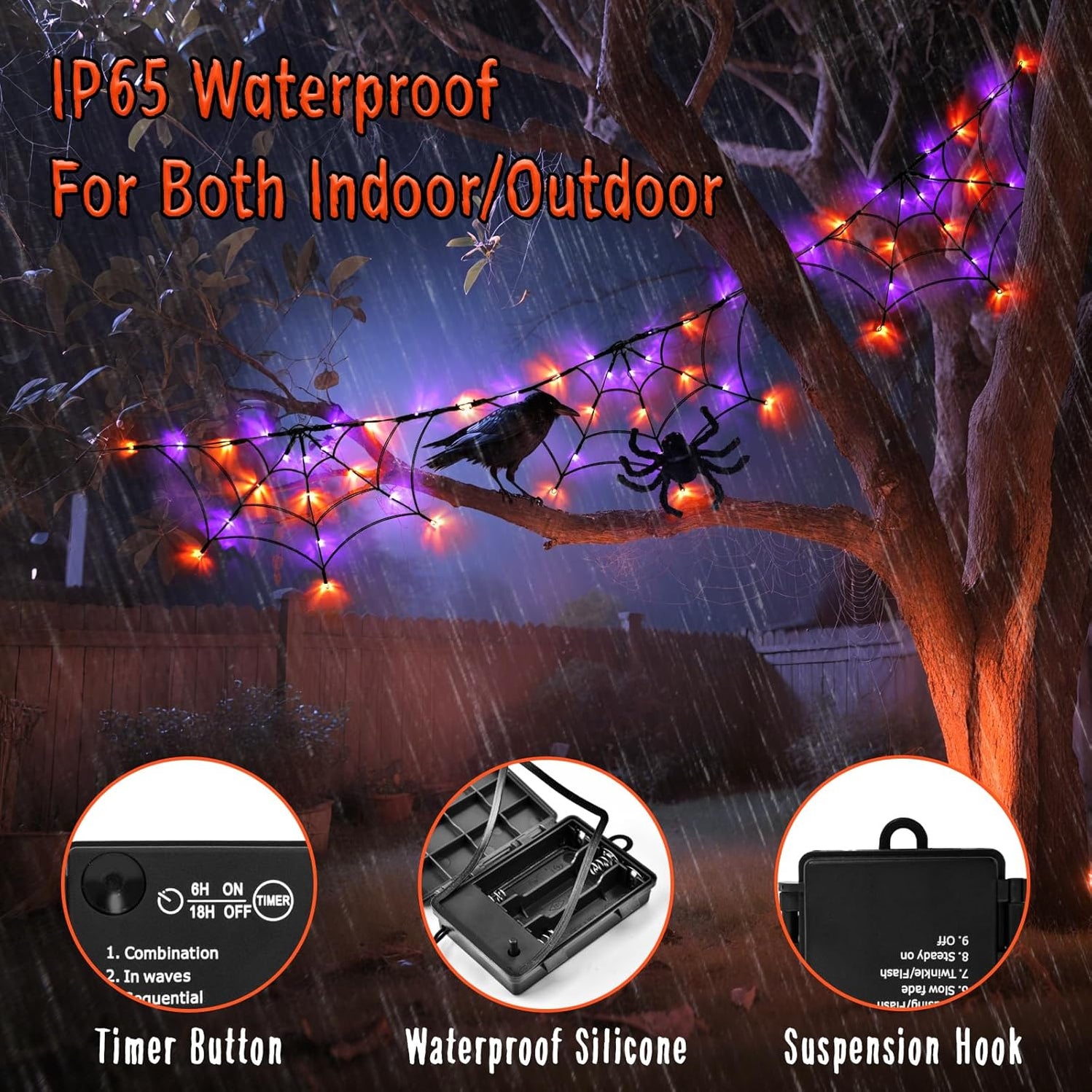 Halloween Decorations Spider Web Lights 6FT 60LED Battery Operated/USB ...