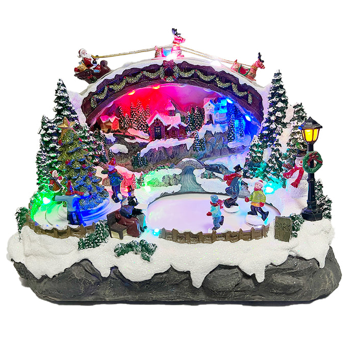 Christmas Resin Craft Ornaments LED Village with Kids Turning Tree Spinning and Ice Skating Feature