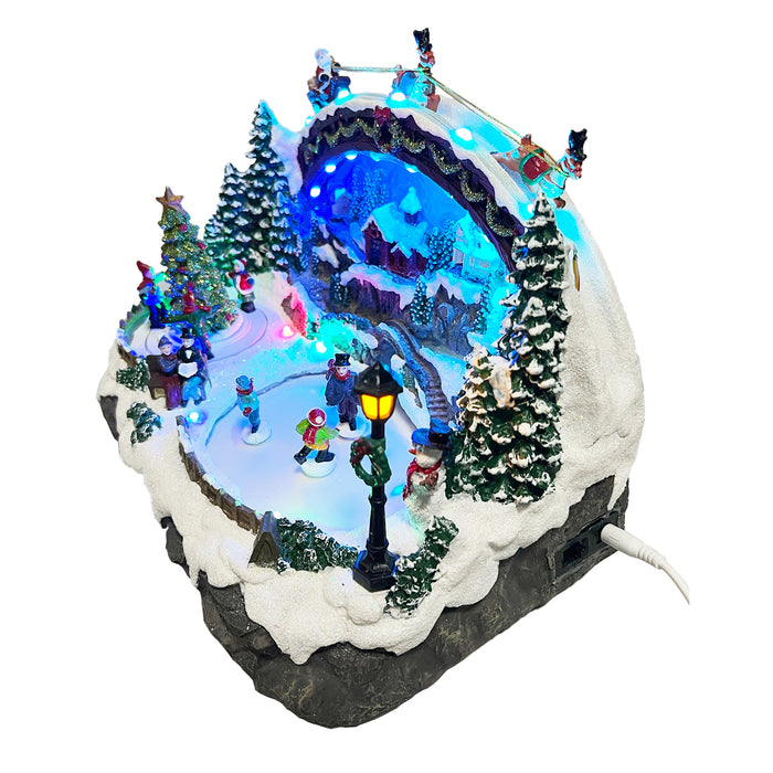 Christmas Resin Craft Ornaments LED Village with Kids Turning Tree Spinning and Ice Skating Feature