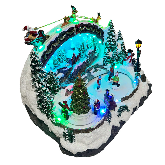 Christmas Resin Craft Ornaments LED Village with Kids Turning Tree Spinning and Ice Skating Feature