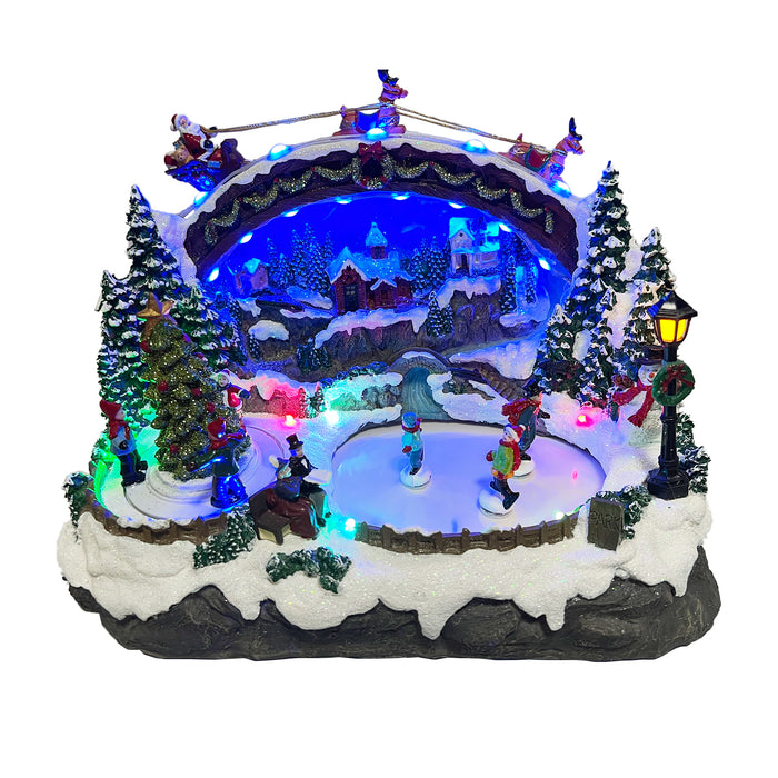 Christmas Resin Craft Ornaments LED Village with Kids Turning Tree Spinning and Ice Skating Feature