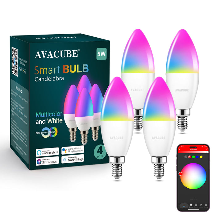 E12 C37 Candelabra Smart LED Bulbs 2.4G WiFi Connection Works with Alexa and Google Home 4-Pack