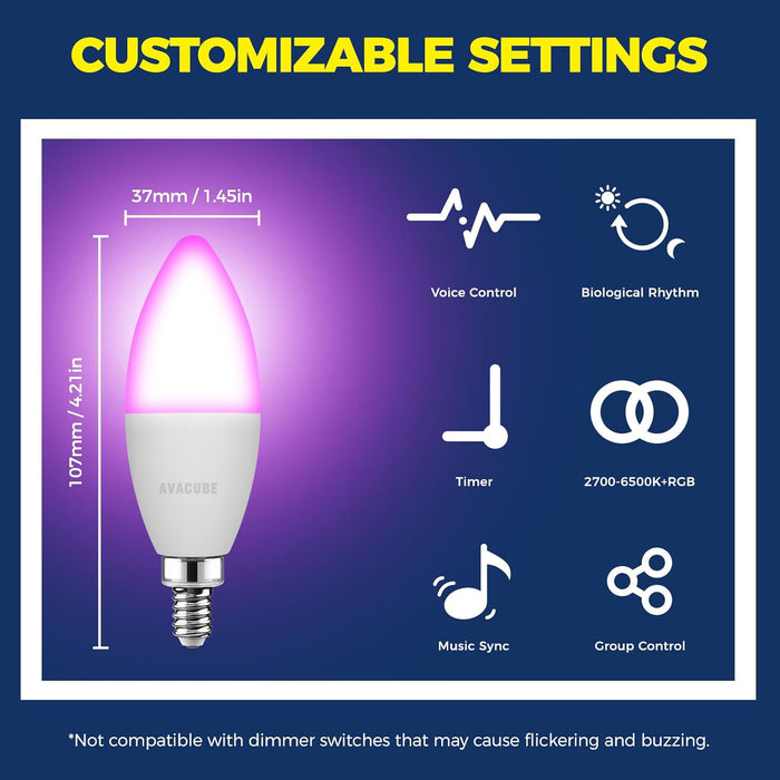 E12 C37 Candelabra Smart LED Bulbs 2.4G WiFi Connection Works with Alexa and Google Home 4-Pack
