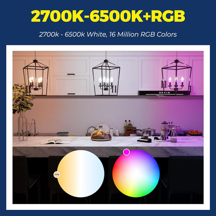 E12 C37 Candelabra Smart LED Bulbs 2.4G WiFi Connection Works with Alexa and Google Home 4-Pack