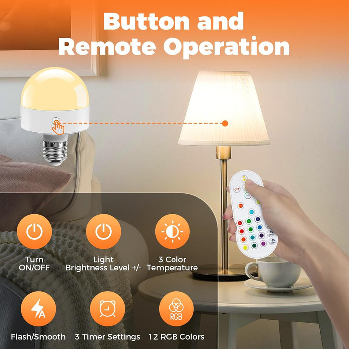 E26 Rechargeable Light Bulb with Remote and Timer RGB Warm Cool White Color