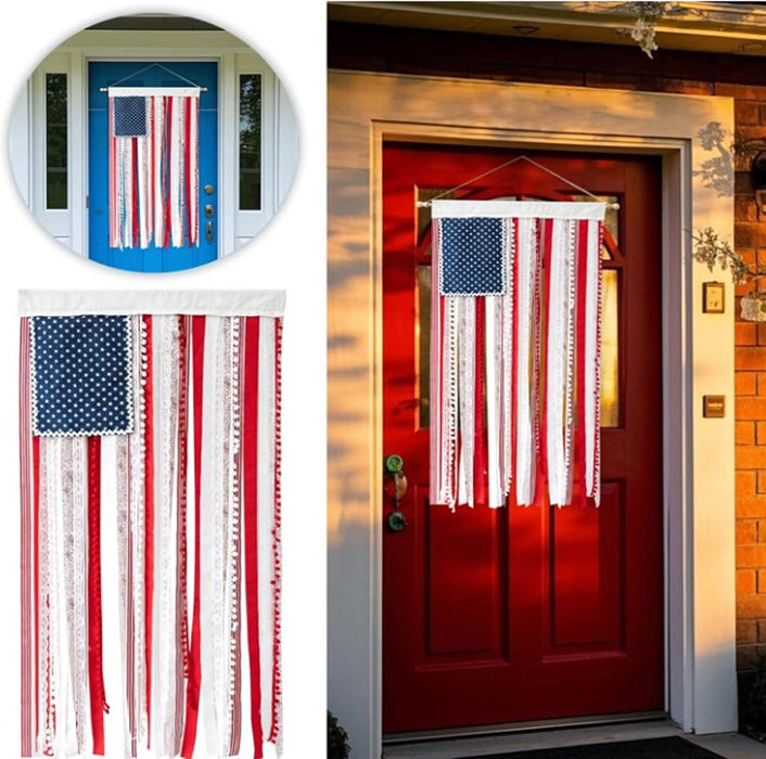 Bohemian Patriotic Lighted Rag American Flag Banner 4 X 2.3 Ft